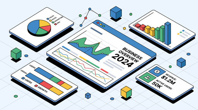 Business overview 2024 isometric digital data analysis charts and graphs.
