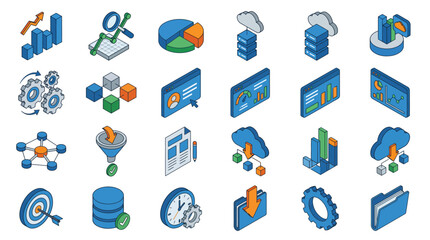 Fototapeta premium Collection of Isometric Icons Representing Data Analytics and Technology Concepts.