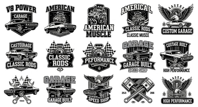 Collection of Vintage American Muscle Car Emblems and Logos.