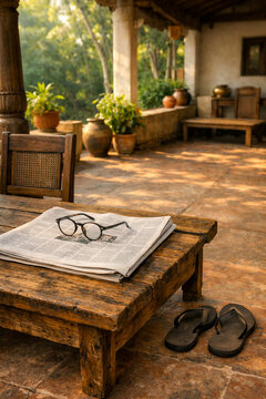 "Professional wide shot of a peaceful Indian house veranda with an open newspaper, glasses, and a wooden chair in soft morning sunlight."