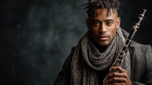 Moody studio portrait of young man holding clarinet wearing wool scarf against dark background