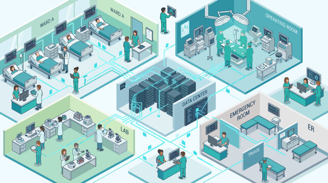 Modern hospital rooms and medical technology in isometric view.