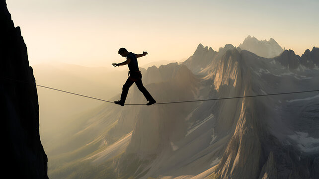 Man walking and balancing on rope over precipice in mountains