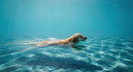Obraz premium Dog swimming underwater in ocean water.