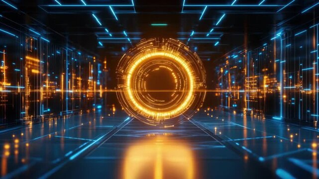 Futuristic neon tunnel with glowing orange and blue lights