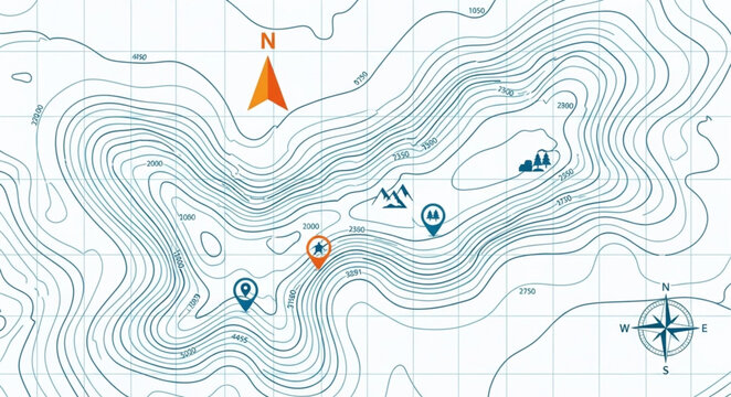 Topographic map with navigation pins and compass rose.