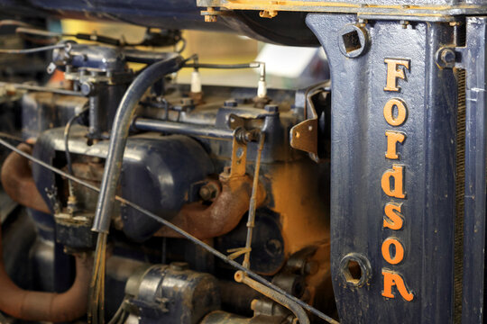 Perth, Western Australia, Australia - May 3 2026: 1949 Fordson Major Half track. Close-up vintage tractor logo, emblem, symbol, brand name. Orange color. Antique farming, agriculture history