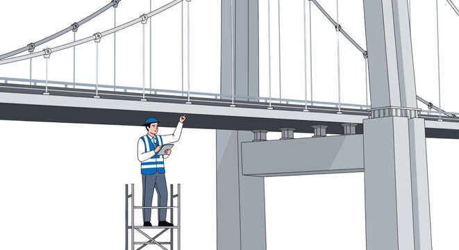 Engineer Inspecting Bridge Structure on Scaffolding for Safety Assessment