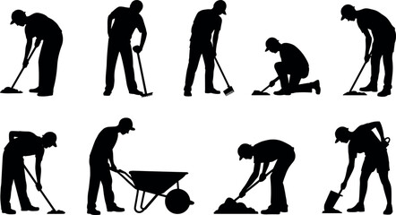 Black silhouette set of male construction workers and gardeners manual labor using shovel rake wheelbarrow and mop on white background. © BIPUL