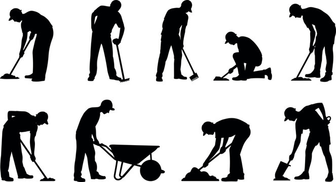 Black silhouette set of male construction workers and gardeners manual labor using shovel rake wheelbarrow and mop on white background.