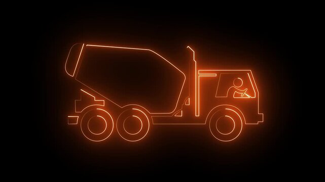 Neon orange color Cement Mixer Truck Icon Driving on Black Background. 4k animation video.