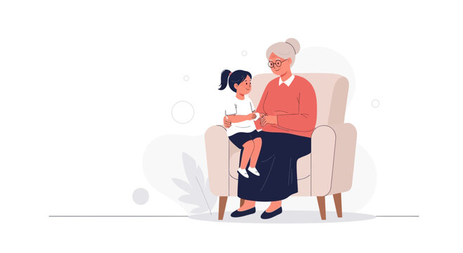 Grandmother holding grandchild in armchair, intergenerational bonding, cozy moment