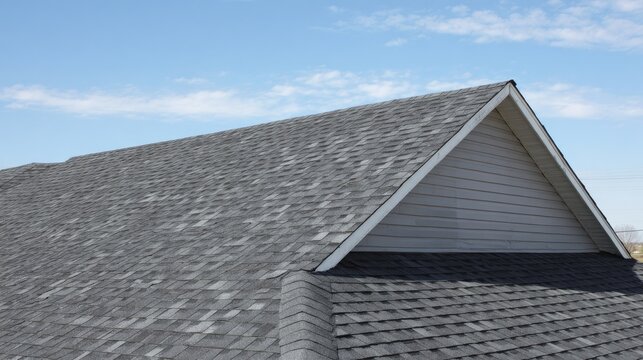 Asphalt shingle roof against a blue sky architectural exterior