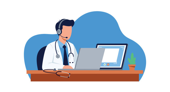 Male doctor wearing a headset and looking at a laptop screen, representing a professional telehealth provider or medical consultant.