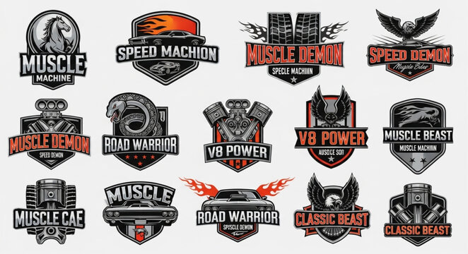 Collection of Vintage Muscle Car Emblems and Logos.