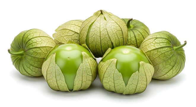 Fresh green tomatillos on white background.