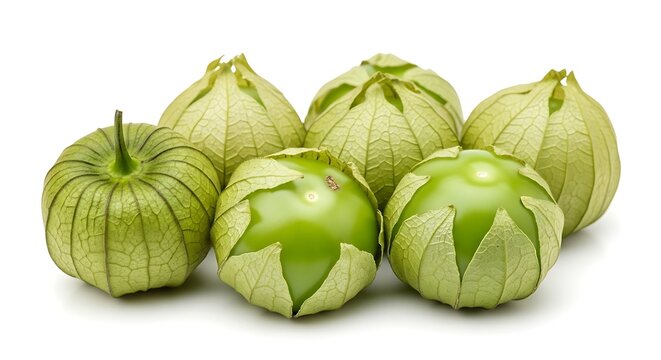 Fresh green tomatillos on white background.