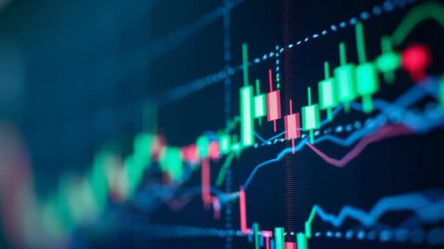 Dynamic close-up view of financial trading chart with candlestick bars, trend lines, and indicators. Ideal for illustrating market analysis, investment, or stock monitoring concepts.
