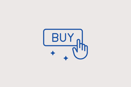 Buy button with hand cursor line icon for executing market orders. Action-oriented vector illustration for e-commerce checkout and trading platform interfaces.