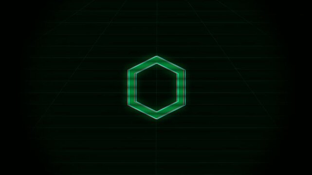Green glowing neon hexagon with glitch effect on dark digital background with scanlines for retro futuristic interface