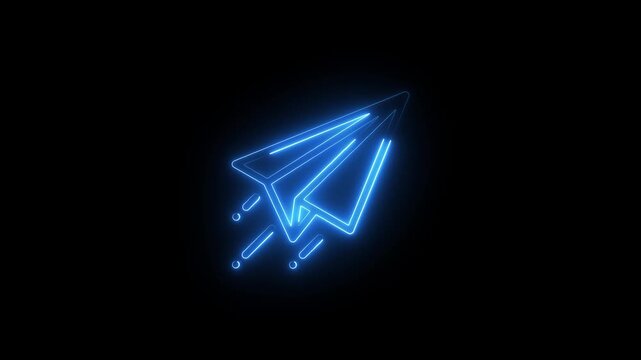Blue Neon Paper Airplane Flying with Motion Streaks on Black Background origami flight