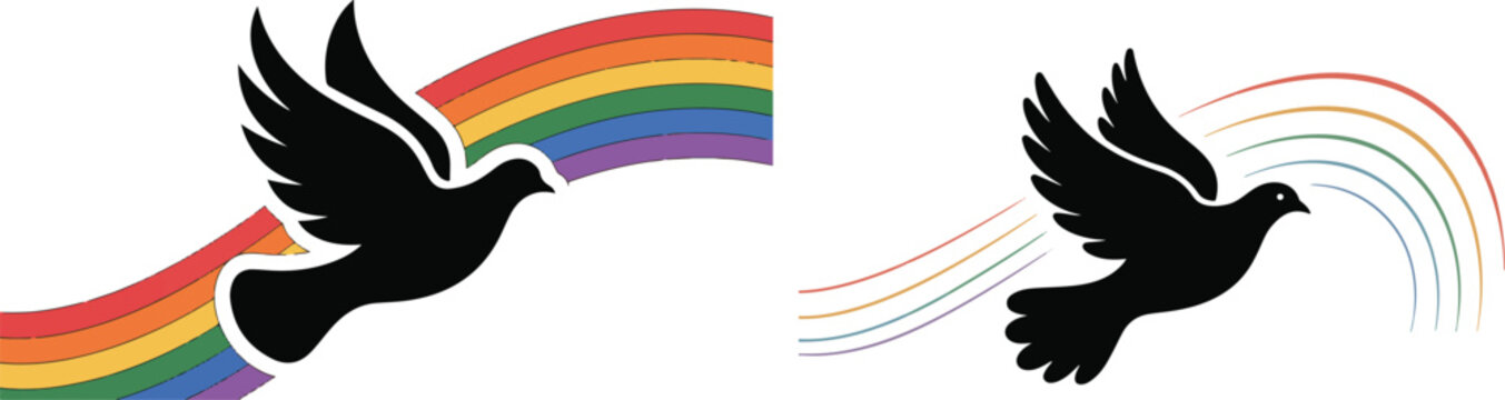 A silhouette dove vector illustration with rainbow for peace and freedom.