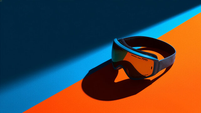Close-up of modern blue ski goggles with orange mirrored lenses on a vibrant orange and navy geometric background with dramatic shadows.