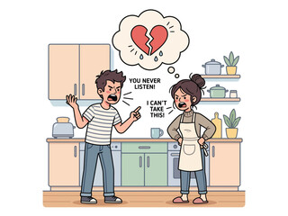Unhappy couple arguing in kitchen, angry husband and wife shouting during domestic conflict, broken heart thought bubble vector illustration