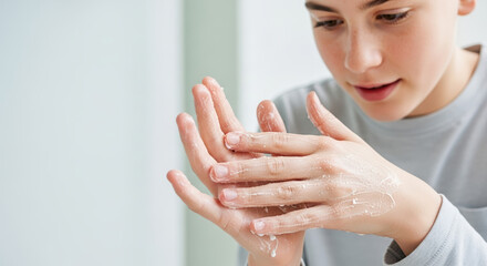 Fototapeta premium Teenager boy applying exfoliating hand scrub for skincare routine against bright bathroom background for advertising social media banner website marketing and commercial editorial use