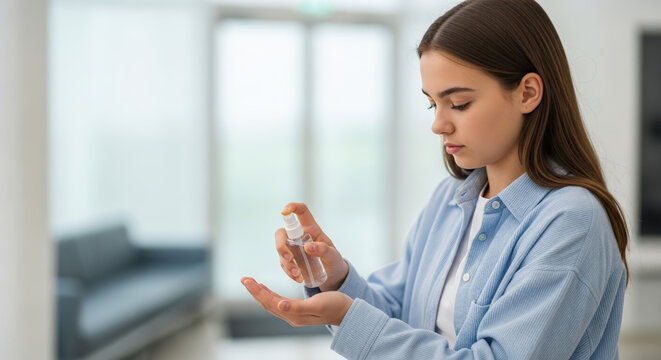 Teenager girl applying hand sanitizer gel for protection against blurred indoor background for advertising social media banner website marketing and commercial editorial use