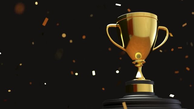 Golden Trophy Award on Podium with Falling Gold Confetti Background