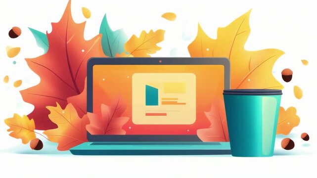 Laptop on a desk surrounded by autumn leaves and acorns, with a cup. Fall themed work or study imagery for cozy productivity.