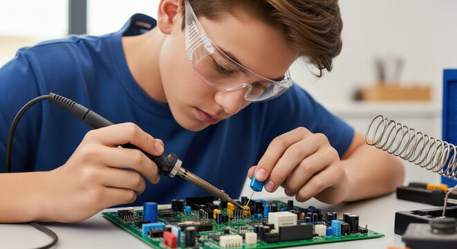 Focused teenage boy soldering circuit board with iron in science lab for school project and engineering education