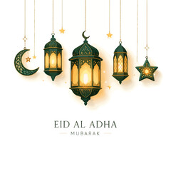 Obraz premium Realistic golden and green hanging islamic lanterns with moon and stars for Eid Al Adha greeting banner