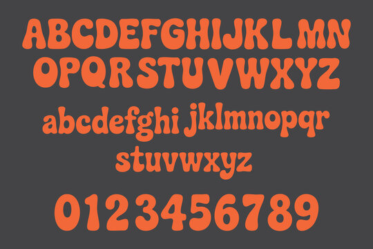 Bold retro groovy alphabet letters and numbers, Funky rounded bubble font with uppercase, lowercase, and numerals, Vintage 70s style typeface for poster, branding, and psychedelic design vector