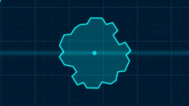 Futuristic HUD interface displaying a rotating digital gear icon on grid
