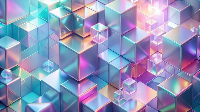 Abstract iridescent cube cluster, a vibrant array of prismatic shapes and reflections, showcasing multifaceted geometric patterns and glossy surfaces