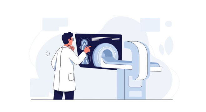 Doctor examining MRI scan next to modern magnetic resonance imaging machine.