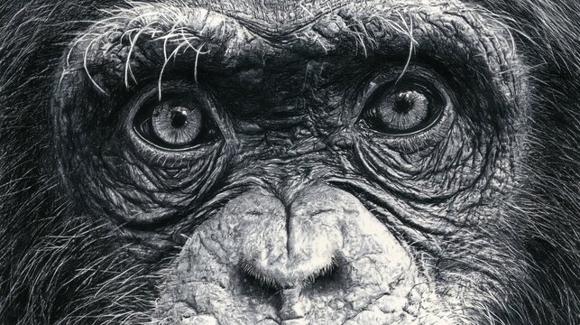 Drawing shows a lovely chimpanzee's face.