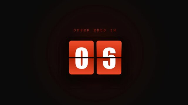 Orange countdown flip clock showing zeros on a dark background for limited time promotional offers and marketing urgency