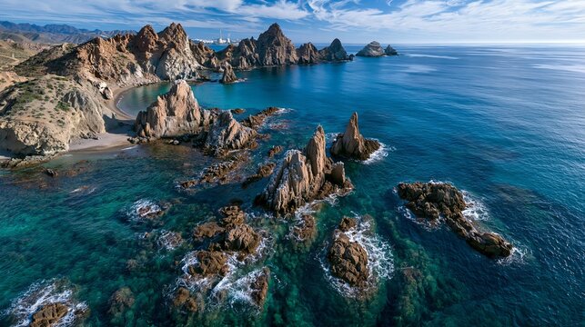 Birds-eye view shows striking coast, rocks, and blue sea at Cabo de Gata Reserve in Spain.