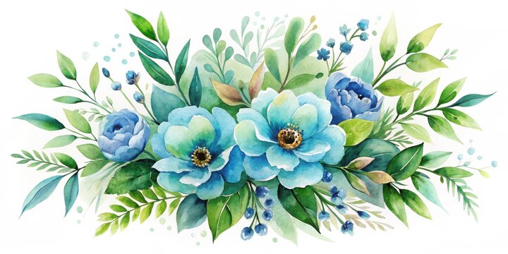 Serene watercolor painting of a lush bouquet featuring vibrant blue and teal blossoms, complemented by verdant foliage and delicate berry accents, perfect for elegant design projects
