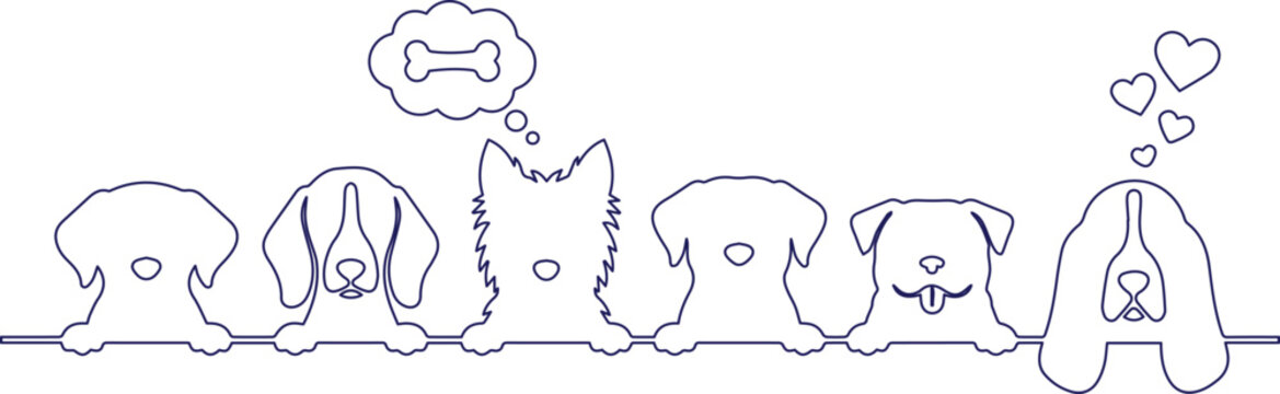 Minimalist dog breed line art collection, cute puppy faces with thought bubbles and hearts, pet shop and veterinary clinic vector illustration