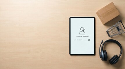 Naklejka premium Minimalist customer support interface on a digital tablet with a shipping box, shopping cart, and headset on a light wooden background banner with copy space.