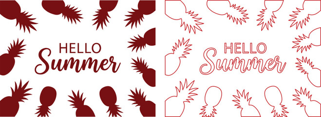 Hello Summer typography vector set, red pineapple silhouette border design, tropical fruit frame with seasonal greeting text, minimalist vacation posters © usman