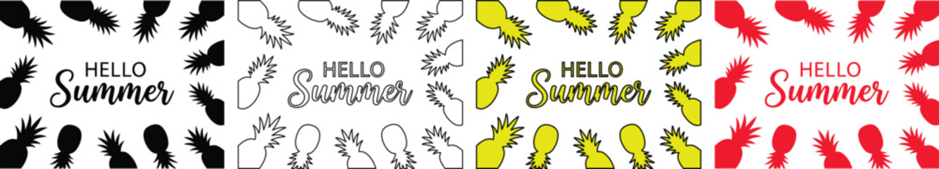 Hello Summer pineapple vector set, tropical fruit frame collection in black, yellow, and red colors, seasonal holiday greeting card design elements © usman
