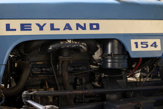 Perth, Western Australia, Australia - May 3 2026: 1977 Leyland 154. Close-up vintage tractor logo, emblem, symbol, brand name. Blue color. Industrial heritage, antique farming, agriculture history