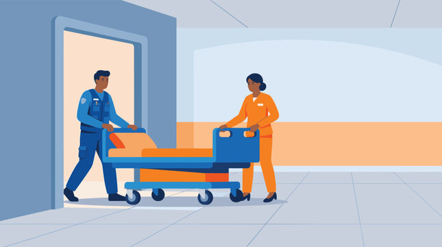 Hospital orderlies or medical staff moving an empty patient gurney through a sterile corridor in a healthcare facility.