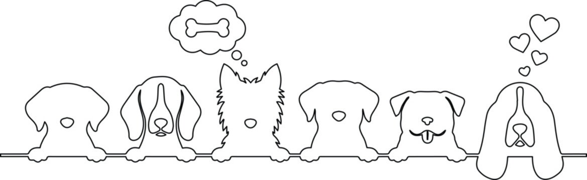 Minimalist dog breed line art border, cute puppy faces with bone and heart thought bubbles, black and white pet shop vector illustration