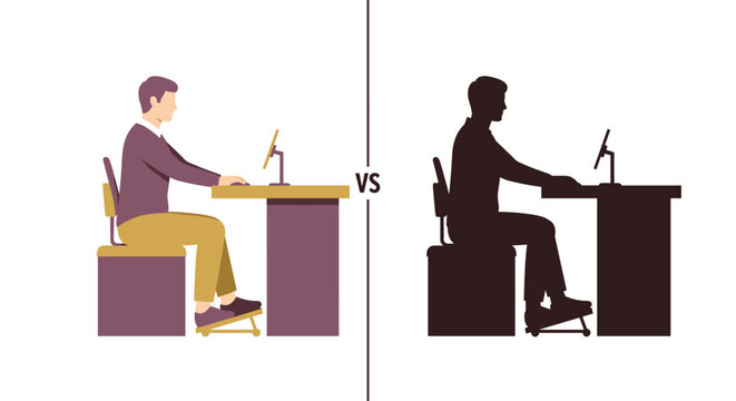 Visual comparison between correct and incorrect sitting posture at a computer desk to prevent back pain and injury.